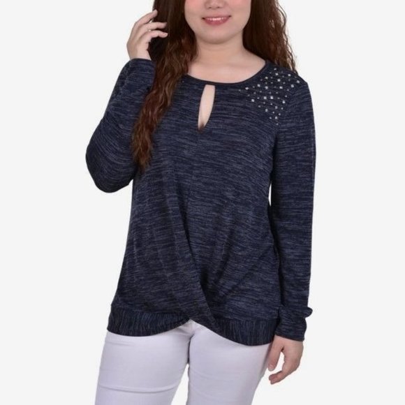 NY Collection Tops - NEW NY Collection Long Sleeve Twist Front Studded Knit Top Blouse Keyhole Sz XL
